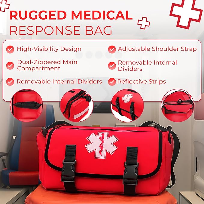 Fully Stocked EMT Trauma Bag – Tactical First Responder Medical Kit with Tourniquet, Vented Chest Seals, Hemostatic Gauze, Shears, Bandages & Bleeding Control Supplies – Red
