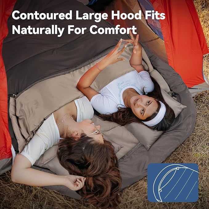 MEREZA Mummy Double Sleeping Bag for Adults with Pillow Cold Weather 0 Degree 2 Person Sleeping Bag for Big Tall Mens Couples Family Camping