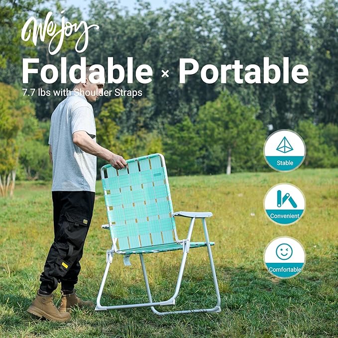 #WEJOY Folding Beach Chair for Adults, Lightweight Beach Chair with Shoulder Straps, High Back Camping Chairs with Hard Armrest, Supports 300lbs for Outdoor Lawn Concert