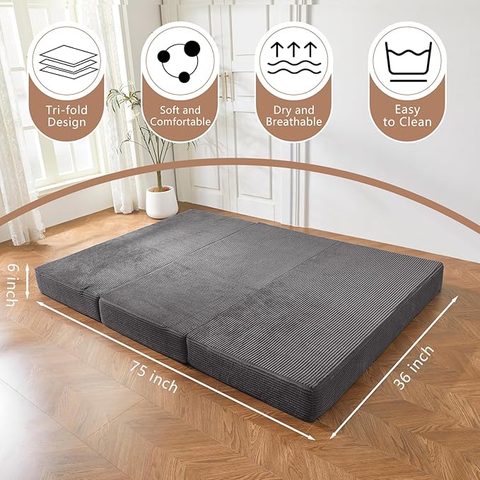 BYBYME Corduroy Tri-Folding Mattress, 6 Inch Gel Folding Mattress Topper, Foldable Soft Guest Bed Camping Pad, Washable Cover (Dark Gray, Twin)