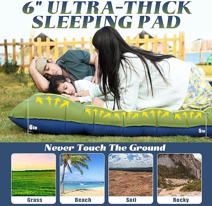 Myxslop Double Sleeping Pad for Camping, 6" Extra-Thick 2 Person Camping Sleeping Pad with Pillow Built-in Foot Pump, Inflatable Sleeping Mat for Backpacking, Tent, Hiking Essentials Gear