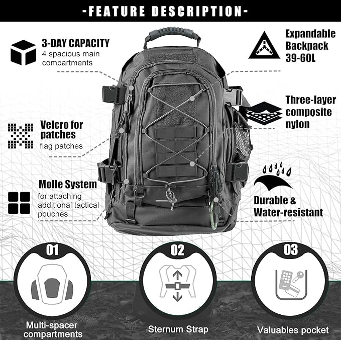 Miramrax Tactical Backpack Military Hiking Daypack - Molle Backpack for Men 3 Day Assault Pack Bug Out Bag for Camping (Grey)