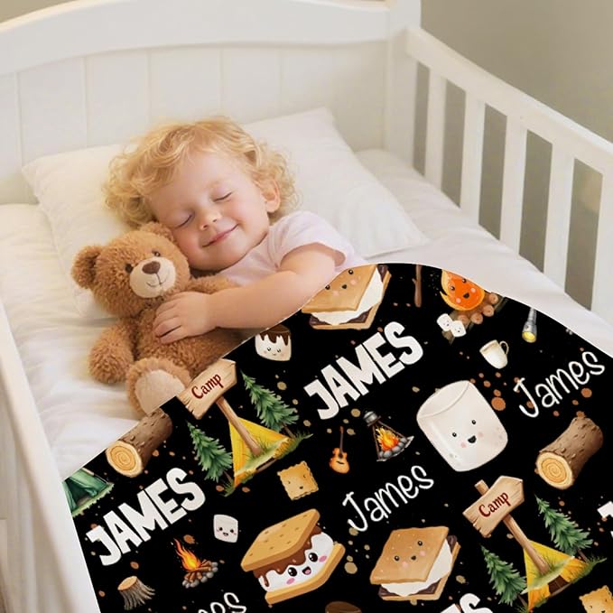 Custom Marshmallow Blanket with Name | Personalized Camping Blanket for Girls Boys | Ultra Soft Customized S'Mores Throw for Couch/Sofa/Travel/Camping Home Decor - 50"x60"-Teens/Travel Size
