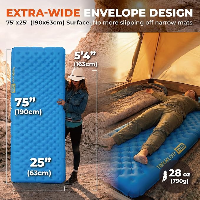 Trekology Insulated Sleeping Pad Backpacking Ultralight - SGS-Certified 5.5 High R Value Mat, 4" Thick 75x25” Wide Rectangular Mattress for Camping, 150kg Capacity, 28oz, ALUFT R5