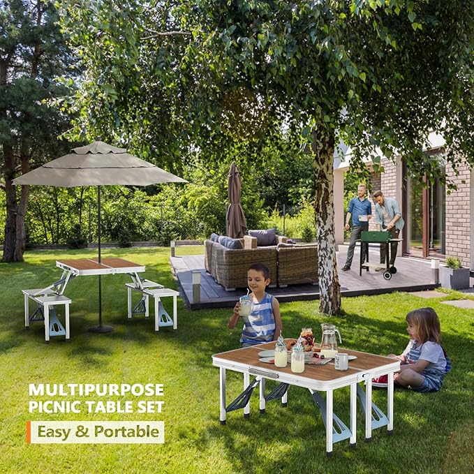VINGLI 4 Ft Camping Picnic Table Set with 4 Seats with Umbrella Hole Folding Lightweight Suitcase Card Table-220 Lbs Support Aluminum Frame, Plastic RV Tabletop for Barbecue,Travel,Outing,Gathering