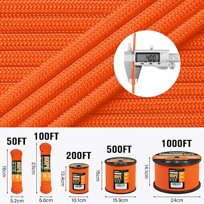 Paracord Rope 750 lb - 500ft 5/32" Parachute Cord 4MM 12-Strand para Cord - Heavy Duty Spool String for Survival,Camping Gear, Survival Bracelet, Clothesline - Orange