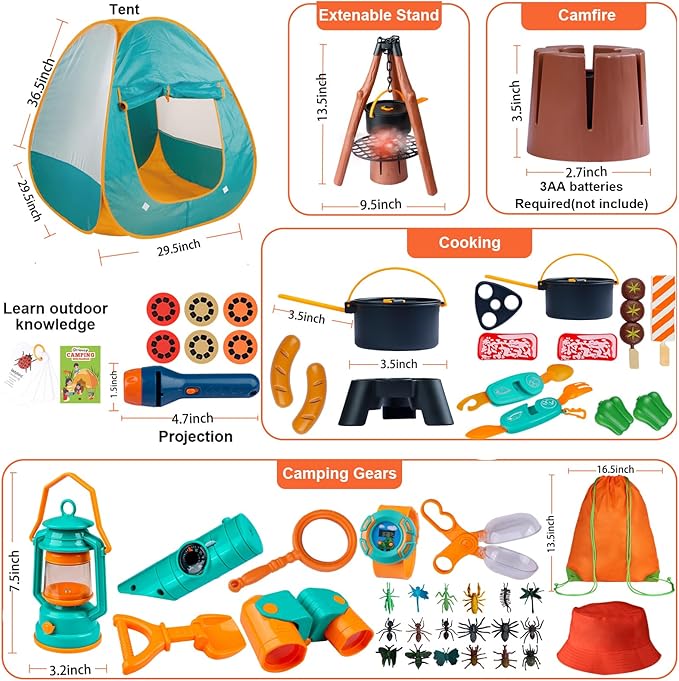 Qtioucp Kids Camping Set 50pcs with Tent & Space Projector Flashlight- Outdoor Campfire Toy Set for Toddlers Kids - Pretend Play Camp Gear Tools for Birthday Christmas