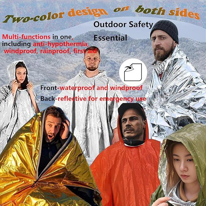 4X Survival Gear kit, Emergency Poncho (2pc), Emergency Space Blanket (2pc), Mylar Liner - Retains 92% Body Heat, for Outdoors, Hiking, Camping, Bug Out Bag, Marathons or First Aid, Car (Orange)