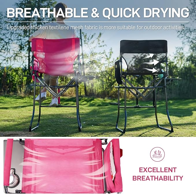 EVER ADVANCED Portable 30.7" Seat Height Tall Folding Camping Chair Directors Chair High Foldable Bar Stool with Side Table for Makeup Artist, Sports Event, Craft Show, Textilene Mesh, Supports 350LBS