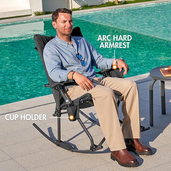 Portal Folding Rocking Camping Chair Outdoor - Thick Padded Rocking Recliner Chair Portable Camping Rocker for Patio Front Porch Backyard Lawn Living Room, Supports 400 LBS