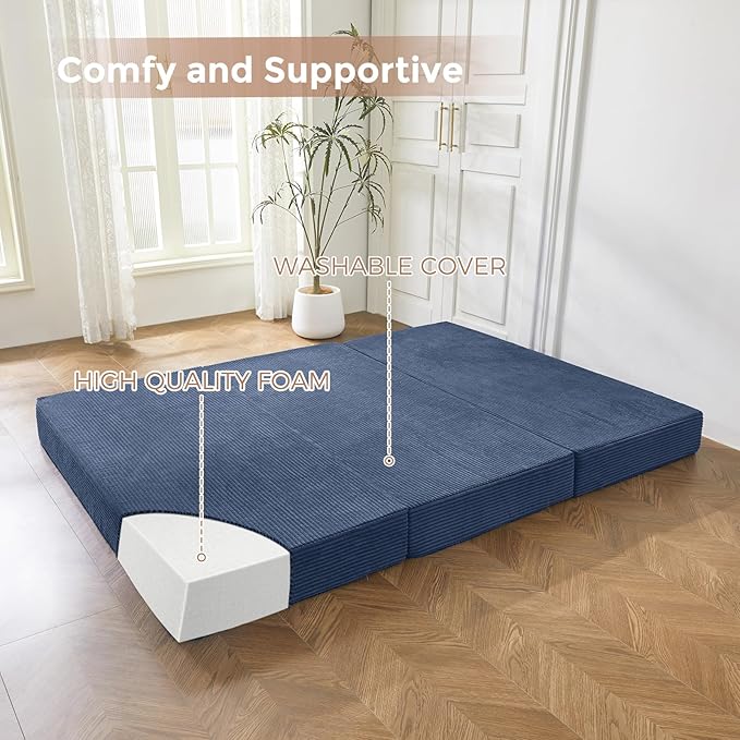 BYBYME Tri-Folding Corduroy Mattress, 6 Inch Gel Folding Mattress Topper, Foldable Soft Guest Bed Camping Pad, Washable Cover (Bluestone, Full)