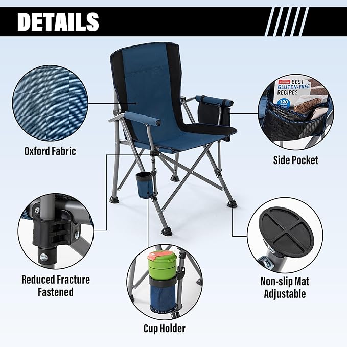 Lamberia Camping Chair for Adults, Heavy Duty 330lbs Capacity Folding Chairs for Outdoor, 600D Oxford Mesh High Back Camping Chairs with Arm Rest Cup Holder and Portable Carrying Bag(Blue)