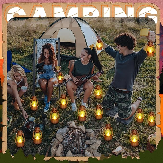 Ferraycle 12 Pcs Mini Lantern for Centerpiece Western Wedding Decor 4 Inch Camping Decorative with LED Candle Vintage Hanging Lantern Ornaments Bulk for Cowboy Cowgirl Xmas Party Decoration (Brown)