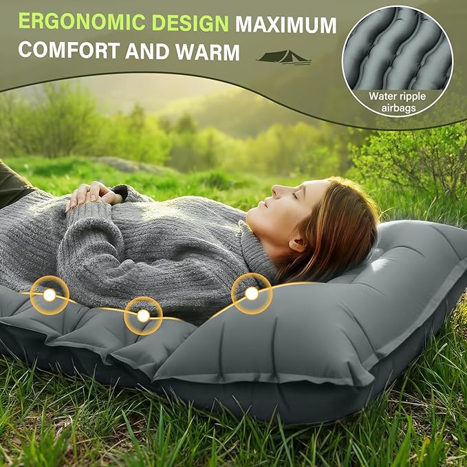 FUN PAC Camping Sleeping Pad, Ultralight Camping Mat with Pillow Built-in Foot Pump Inflatable Sleeping Pads Compact for Camping Backpacking Hiking Traveling - Gray