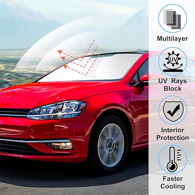Windshield Sun Shade Custom Fit 2015-2019 2020 2021 Volkswagen Golf GTI e-Golf VW Golf R 4 Door Hatchback Accessories Window Sunshade Sun Visor Protector Keeps Car Cool