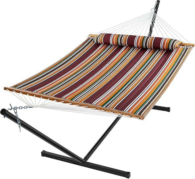 SUPERJARE Hammock with Stand, 2 Person Quilted Outdoor Hammock, Detachable Pillow & Bamboo Spreaders, Portable Hammock with Carrying Bag, Heavy Duty Stand, Perfect for Outside, Patio, Maple-Leaf Red