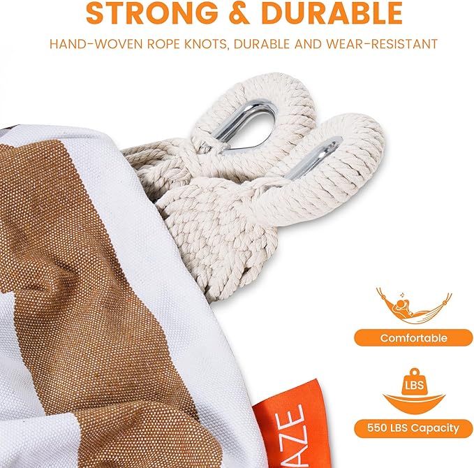Lazy Daze Hammocks Double Brazilian Cotton Hammock, Extra Large Portable Outdoor Camping Hammock with Tree Straps & Travel Bag for Backyard Patio Poolside Indoor, 550lbs Capacity, Brown & White