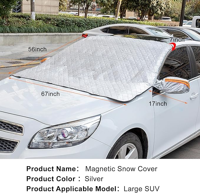 ICWEIMEI Car Windshield Snow Cover, 4-Layer Protection for Snow, Ice, Frost, Sunlight, Large Magnetic Car Windshield Cover with Side Mirror Protector Fit for Large Cars, SUV, Truck, Van in All Weather