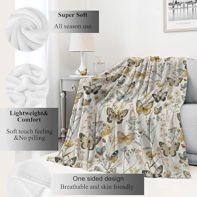 Vintage Butterfly Floral Blanket Elegant Retro Wildflowers Throw Blankets Gifts for Girls Women Adults Lightweight Soft Fleece Cozy for Sofa Couch Bed Room Travel Birthday Party Decor 60x80in