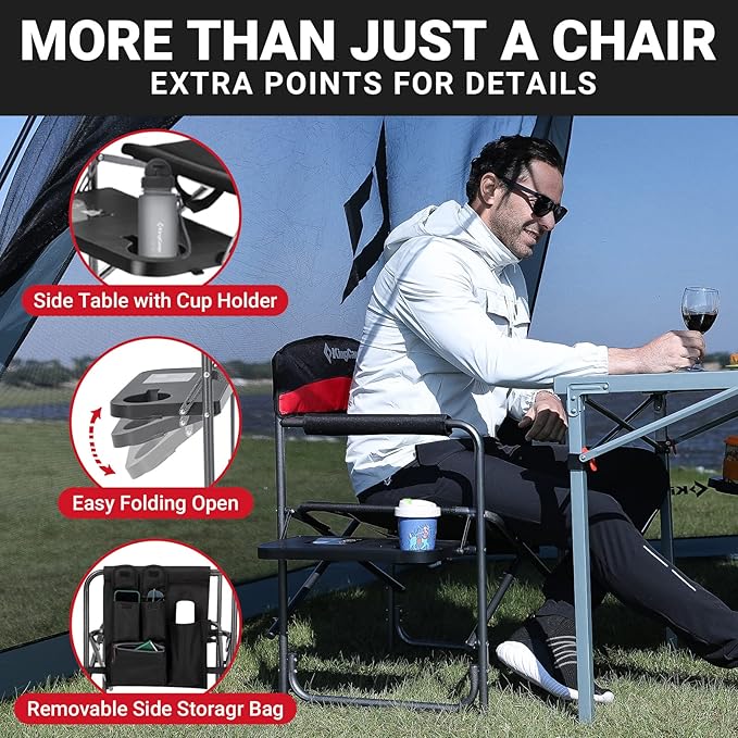 KingCamp 2-Pack Camping Folding Director Chairs with Side Table & Storage, Red