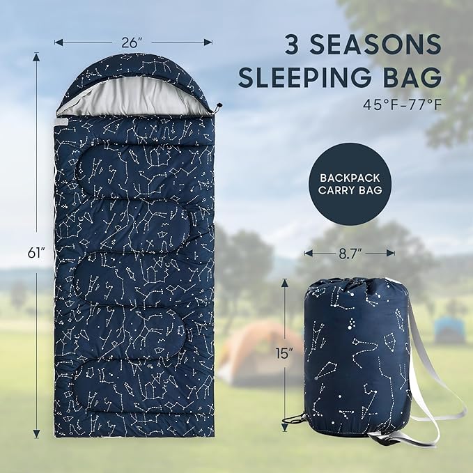 Wake In Cloud - Kids Sleeping Bag for Boys Toddlers, Camping in Warm Cold Weather, Backpacking Lightweight Compact Outdoor Liner for 3 Seasons, Constellation Galaxy