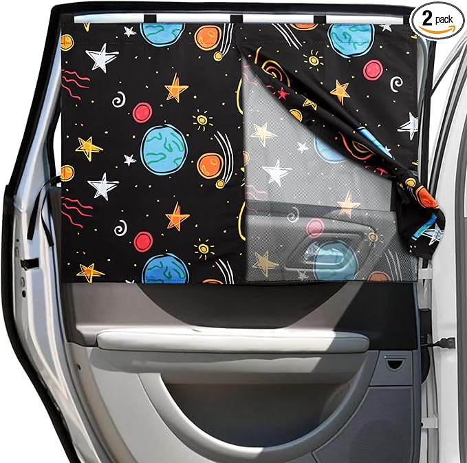 Car Window Shades, 2 Packs Magnetic Car Sun Shades for Baby, 2 Layers for Blackout/See Through Options Colorful Starry Pattern Side Window Curtain for Kids Heat/UV Blocker