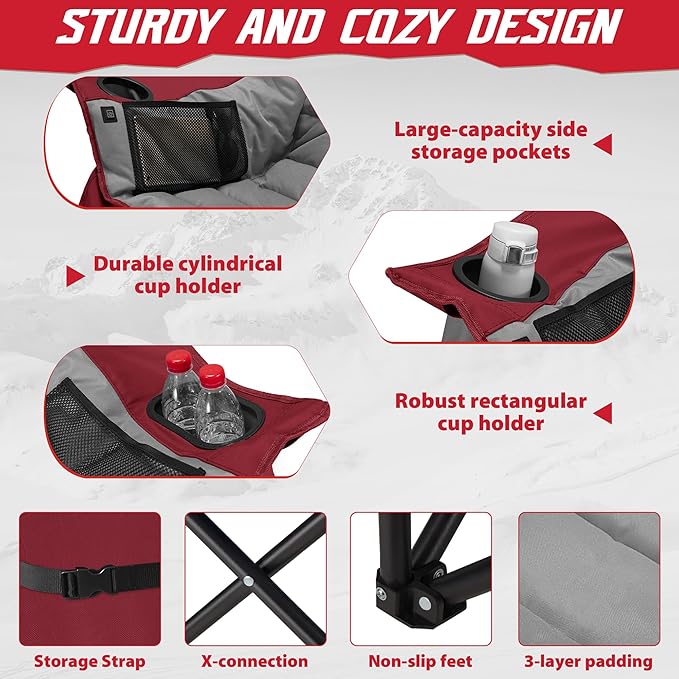 Youtanic Heated Camping Chair, 3 Heat Levels Oversized Padded Lawn Chair with Side Pockets and Cup Holder, Outdoor Heating Folding Camp Chair for Adults, Fishing, Sports, Picnic, up to 500lbs, Style 3