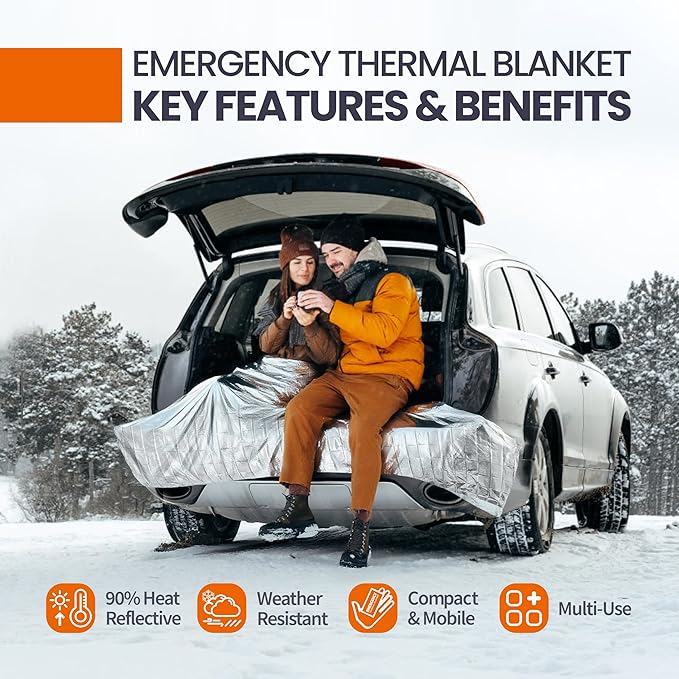 Emergency Blanket, Mylar Thermal Space Blanket for Survival Gear, 4 Pack, 82 in X 52 in