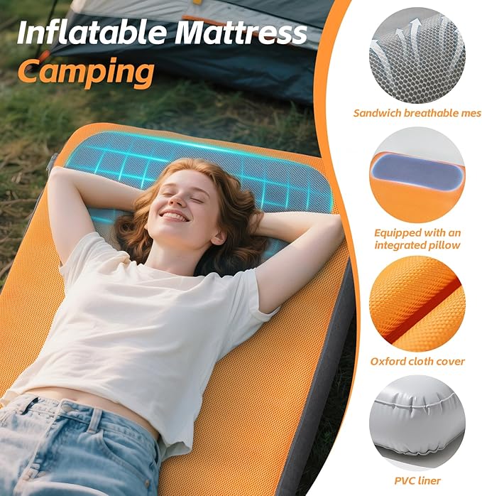 Sleeping Pad, 5.5" Thick Self Inflating Sleeping Pad with Electric Pump,4 Season Camping Mattress Pad with Built-in Pillow, Camping Essentials Gear for Hiking, Backpacking,Tent Use,Camping(Orange)