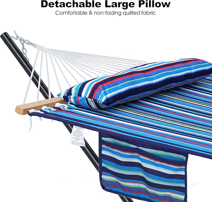 GAFETE 2 Person Hammock with Stand for Outside, Heavy Duty Steel Stand, Double 55inch Hammocks, Large Removable Pillow, Storage Bags, Max 475 lbs Capacity (Blaze Blue Stripe)
