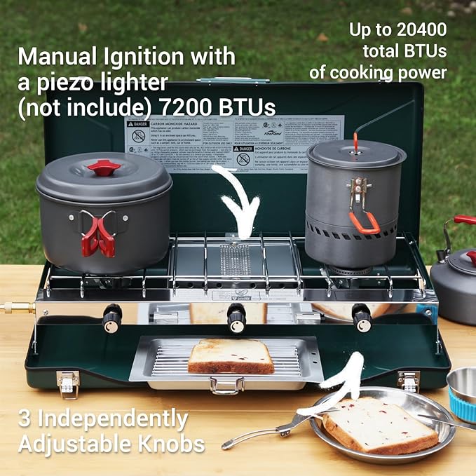 FineFlame Camping Stove, 3 Burners Propane Portable Camp Stove with Regulator, Push-Button Instant Ignition, Adjustable Burners & Wind Guards for Car BBQ Picnics Outdoor Cooking (GREEN-20400 BTUs)