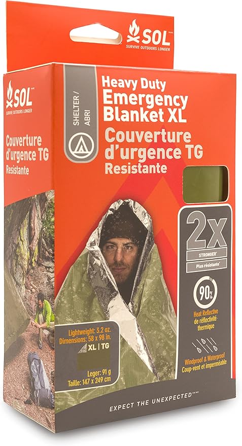 S.O.L. Survive Outdoors Longer 90% Heat Reflective Heavy-Duty Emergency Blanket - Thick, Rugged for Disaster Preparedness Kit - Waterproof, Windproof, Tear-Resistant - 58" x 98", 3.2 oz, Green