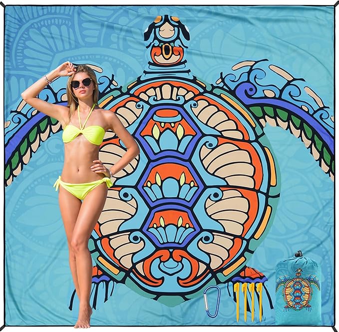 HIHOHO Beach Blanket Waterproof Sandproof Beach Mat 79”x 83” for 1-8 Adults Quick Drying Durable Outdoor Picnic Mat for Beach Festival Travel Camping Hiking (Mandarin Seaturtle, 79"×83"(4 Person))
