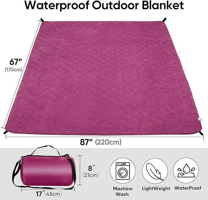 Waterproof Camping Blanket w/Sherpa Lining, Large Stadium Blankets for Outdoor Cold Weather, Windproof Emergency Throw, LightWeight and Warm for Hiking, Dog, Picnic, Washable, 67”X 87” (Purple, 1PCS)