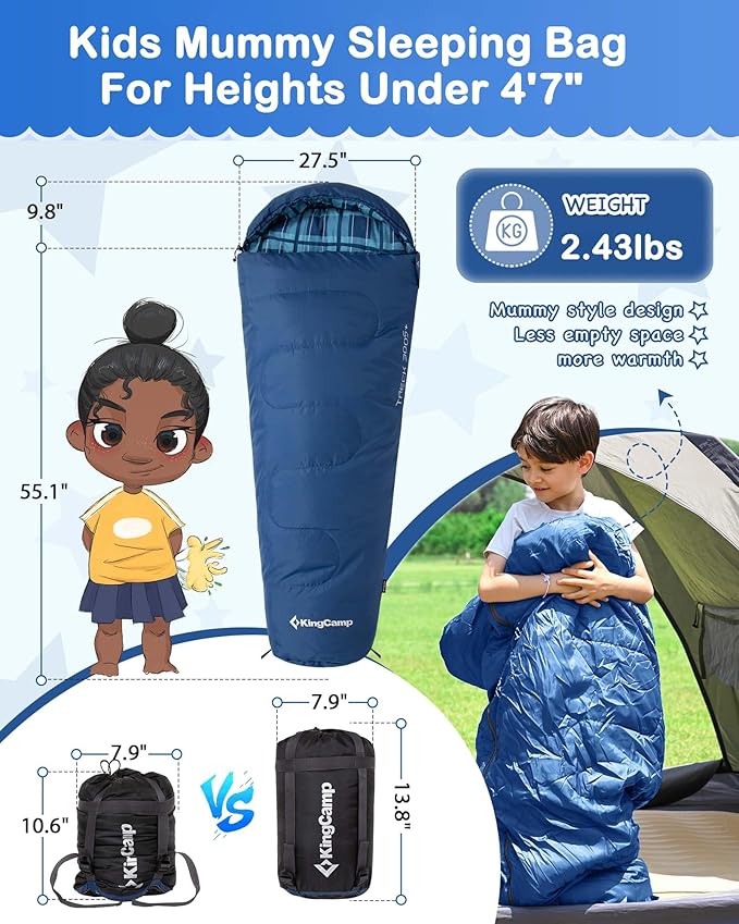 KingCamp 45°F Kids Sleeping Bag, Lightweight Waterproof & Compact Flannel Sleeping Bags Cold Weather & Warm Youth Essentials Gear Accessories for Camping, Fits 10-12 Children up to 4'7"-5'5" Tall