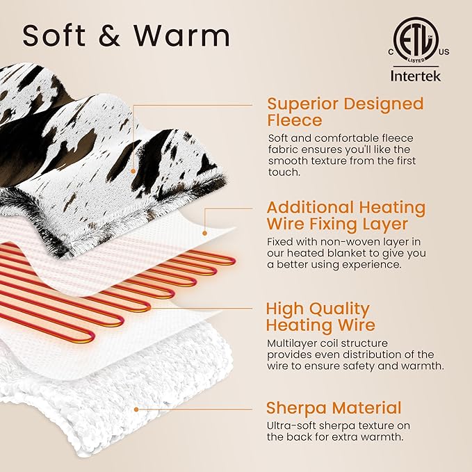 Heated Blanket Throw Blanket - Fast Heating Electric Blanket, Soft Flannel Heated Throw with 4 Time Settings,10 Heating Settings, Warm Gifts for Women & Mom & Grandma(50"x60"Cow Print Grey)