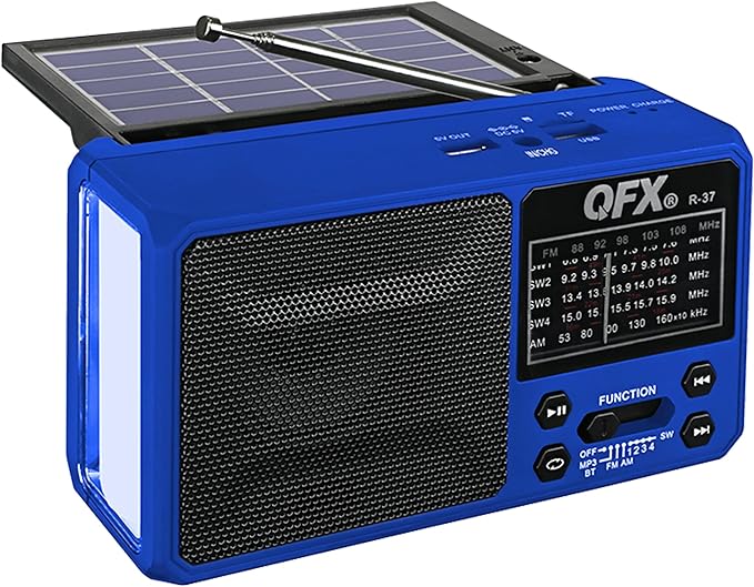 QFX R-37-BL 6-Band (AM, FM, SW1 - SW4) Bluetooth LED Flashlight Solar Radio (2021 Model)