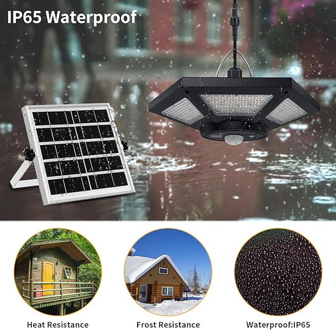 Aqonsie Solar Shed Light Indoor Outdoor Solar Powered Pandent Daytime Work Lights with 5 Lighting Modes & 3 Timers, 180LED Solar Indoor Lights Motion Sensor with Remote Control for Shed Barn Garage