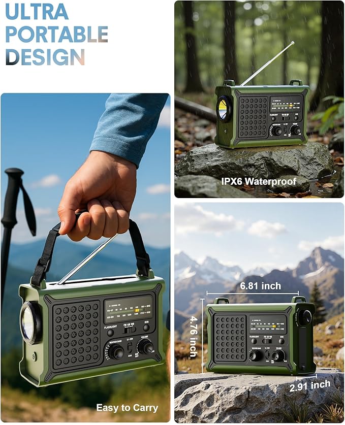 Emergency Weather Radio, NOAA Certified Solar Hand Crank Radio, 12000mAh Battery Operated Survival Gear with LED Flashlight, Reading Light & SOS Alarm, Essential for Power Outage, Hurricane & Camping