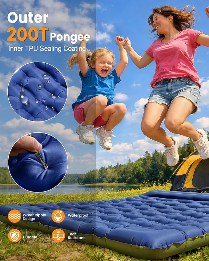 Double Sleeping Pad for Camping, 5.9 Inch Thick Self Inflating Sleeping Mat for Camping with Built in Pillow and Foot Pump, 2 Person Camping Mattress for Backpacking Hiking