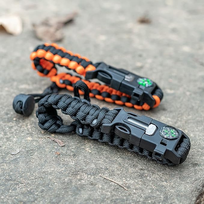 ELK Paracord Survival Bracelets - 2 Pack, Adjustable Size, Loud Whistle, Fire Starter - Ideal for Outdoor Enthusiasts, Hiking, Camping, Fishing, and Hunting (Black and Black+Orange)