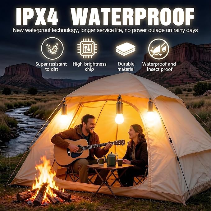 4 Pack Led Camping Lantern Solar Rechargeable,Outdoor Tent Lights for Camping Essentials, Hanging Light Bulbs with Clip Hook Camping Flashlight