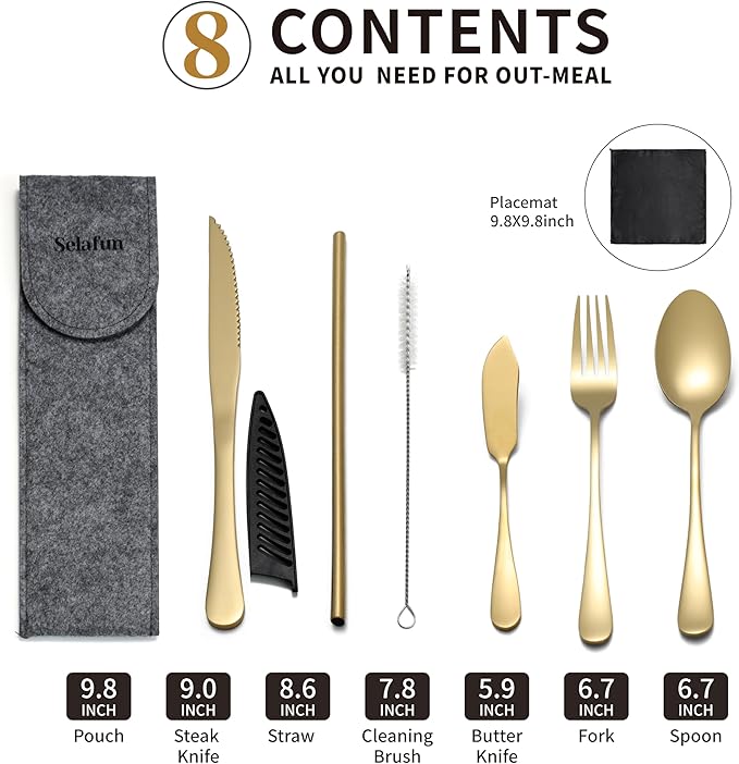 Travel Utensils with Case, Portable Silverware Set Stainless Steel Lunch Box Travel Cutlery Set for Work, Camping, Picnic, Hiking, Office (Gold)