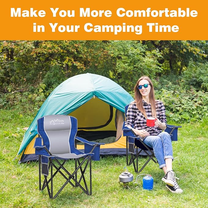 Folding Camping Chair Portable Outdoor Heavy Duty Padded Chairs Lawn Chair with Cup Holder, Storage Pocket and Cooler Bag, Supports 480LBS Blue