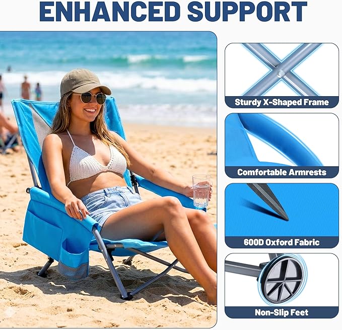 Youtanic Beach Chairs 2 Packs, Folding Portable Chair for Adults, Standard Back Extra Wide Seat with Cup Holder & Carry Bag, Lightweight Camp Chair for Outdoor, Beach, Sand, up to 350lbs, Blue
