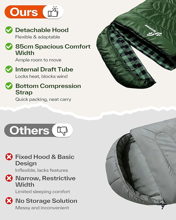 Sportneer 0 Degree Sleeping Bag for Cold Weather, XL Winter Sleeping Bag for Adults, Flannel Lined Camping Sleeping Bag, 32°F–59°F Rated, 87" x 33.5", 4.4 lbs, Detachable Hood, Compression Sack