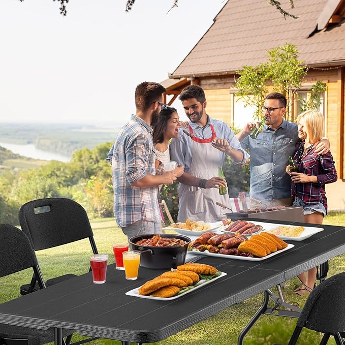 Bonnlo Folding Table 8ft, Portable Collapsible Plastic Black Long Tables for Party, Camping, Banquet, Craft, Dining, Wedding, Outdoor and Indoor Use