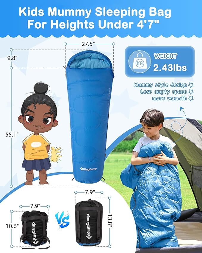 KingCamp 45°F Kids Sleeping Bag, Lightweight Waterproof & Compact Flannel Sleeping Bags Cold Weather & Warm Youth Essentials Gear Accessories for Camping, Fits 10-12 Children up to 4'7"-5'5" Tall