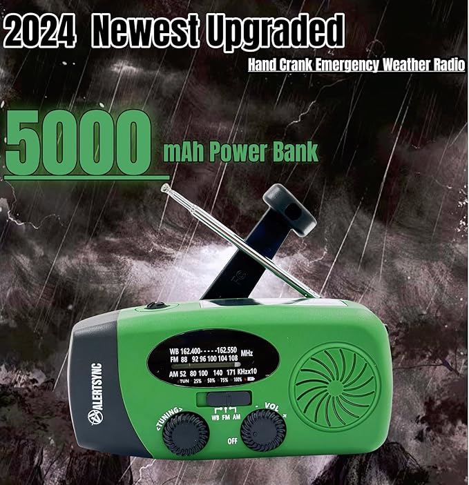 5000mAh Hand Crank Emergency Weather Radio, AM FM NOAA Solar Radio with Led Flashlight and Earphone Jack, Charger for Smartphone, USB-C Cable/Self Powered with SOS Alarm (Green)