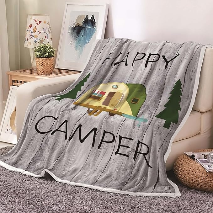 Camping Throw Blanket, Camping Gifts for Camper Outdoor Travel Trailer Blanket, Super Soft Comfy Fleece Flannel Throws Blankets for Couch Bed Sofa Living Room Bedroom Decor Grey 60x70 Inches